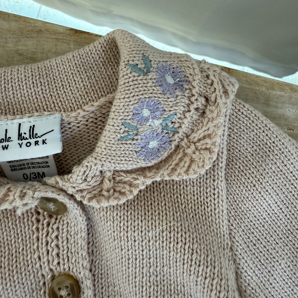 Nicole Miller Knit Baby Cardigan Floral Embroidered Collar Sweater Size 0–3M NWT - Picture 5 of 8